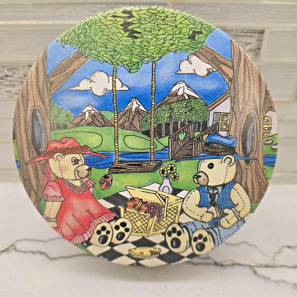Vintage Teddy Bear Picnic Decorative Tin 7 Inch Collectible Storage Box Art Kids